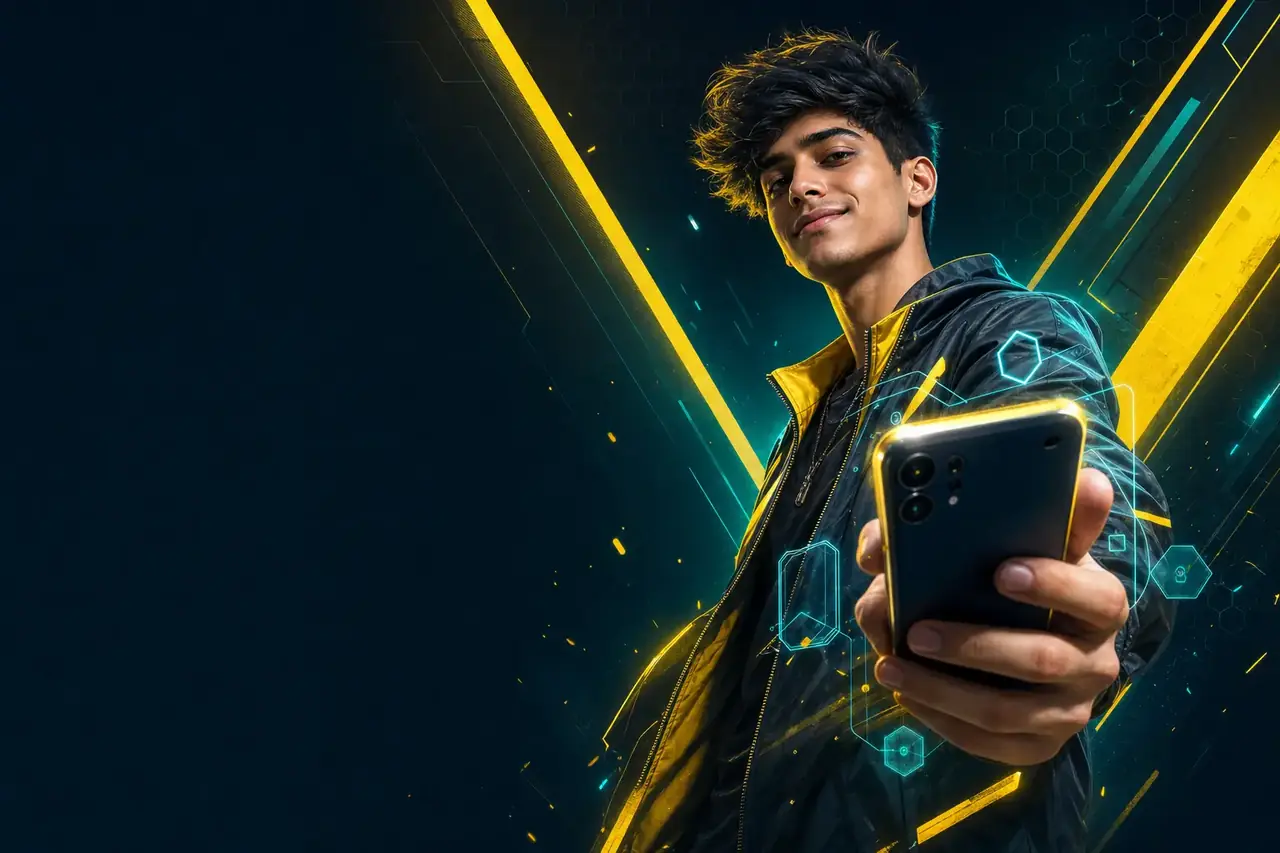 PlayBaze Casino App Deutschland Spieler mit Smartphone vor gelbem V-Zeichen