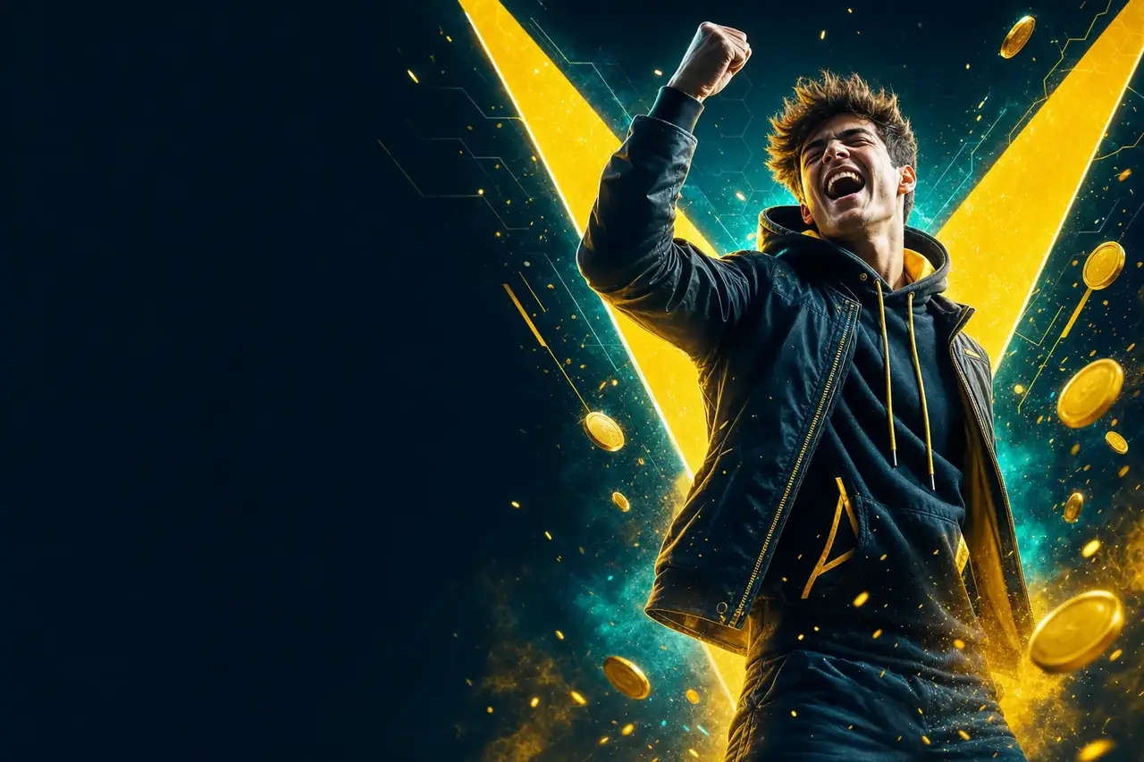 PlayBaze Bonus Aktionen Deutschland Spieler feiert Gewinn vor gelbem V-Zeichen